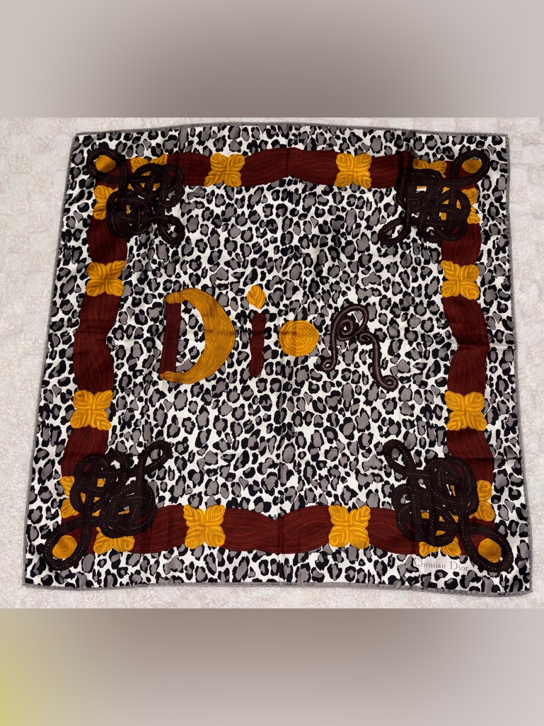 Vintage Christian Dior Leopard Print Silk Scarf Golden Dark Red & Brown Accents